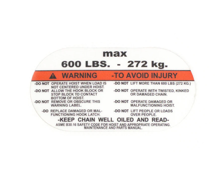 CM Capacity Warning Label (600 Lbs) Prostar