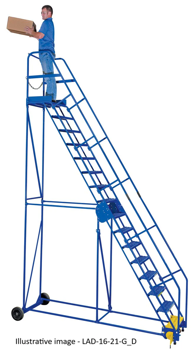 Vestil LAD-12-14-G Steel Rolling Warehouse Ladder 58 Degree 12 Grip Strut 23-9/16 In. Step Width 350 Lb. Capacity Blue - Image 2