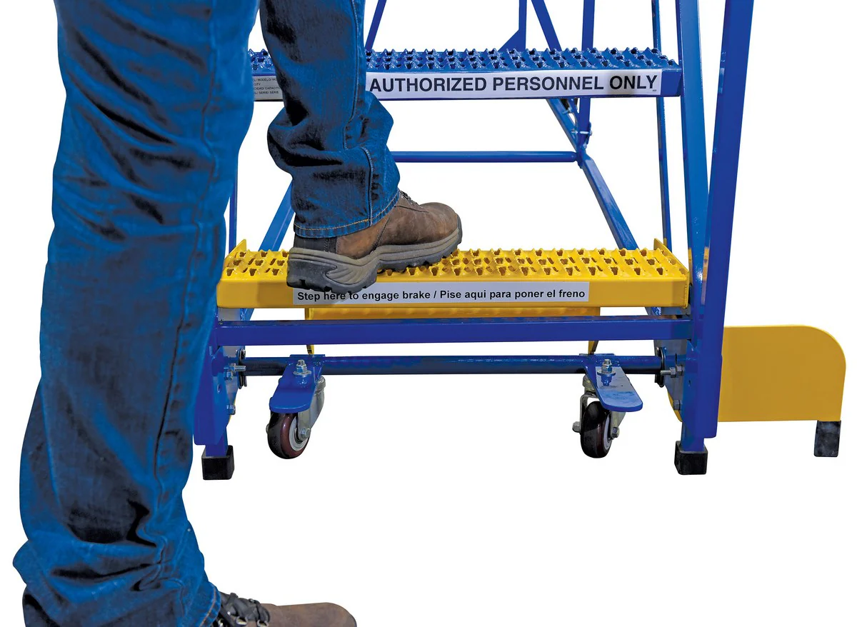 Vestil LAD-12-14-G Steel Rolling Warehouse Ladder 58 Degree 12 Grip Strut 23-9/16 In. Step Width 350 Lb. Capacity Blue - Image 3